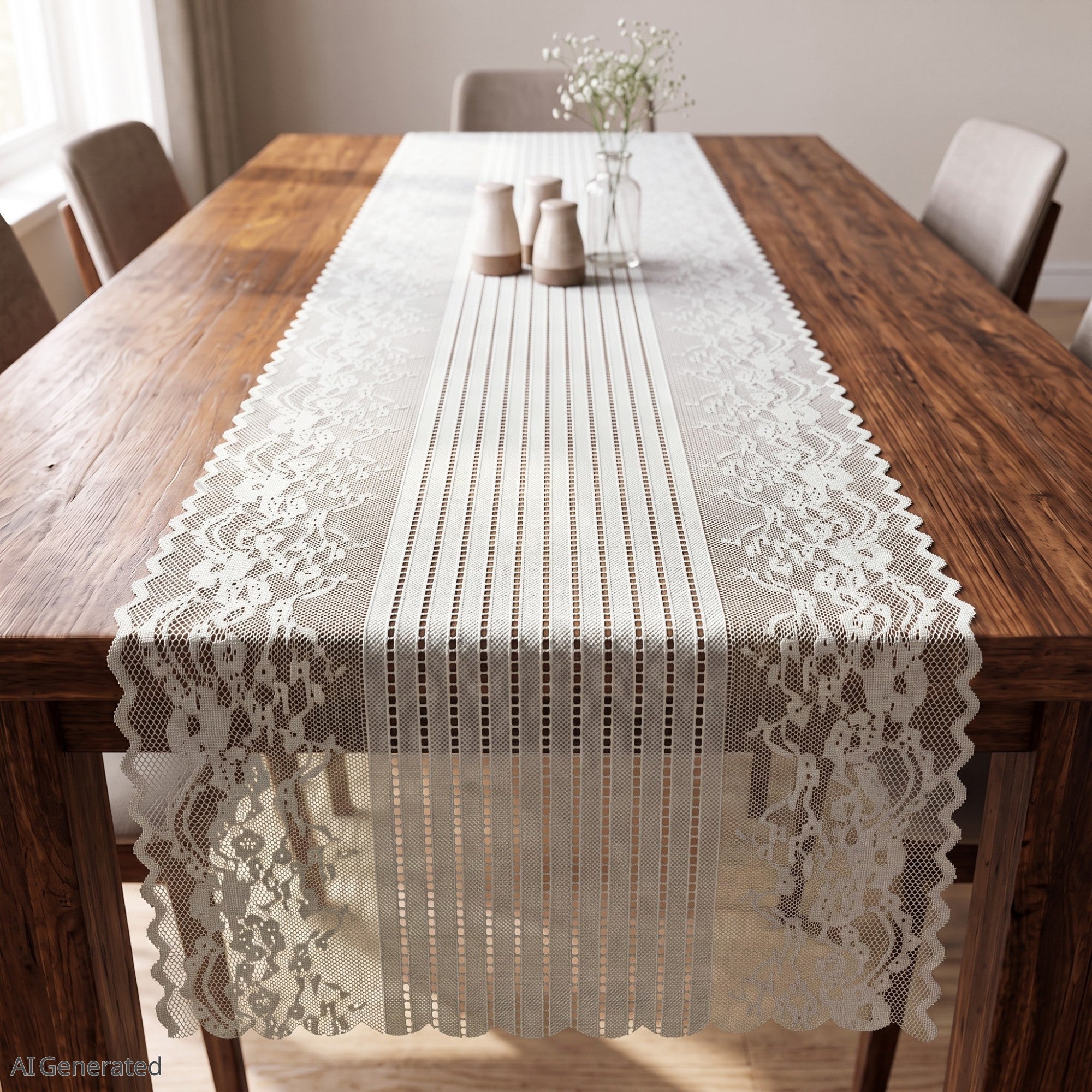 Anna-Kaci Floral Lace Table Runner with Scalloped Edges and Pom Pom Trim 17.7x47in