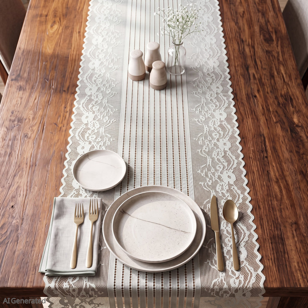 Anna-Kaci Floral Lace Table Runner with Scalloped Edges and Pom Pom Trim 17.7x47in