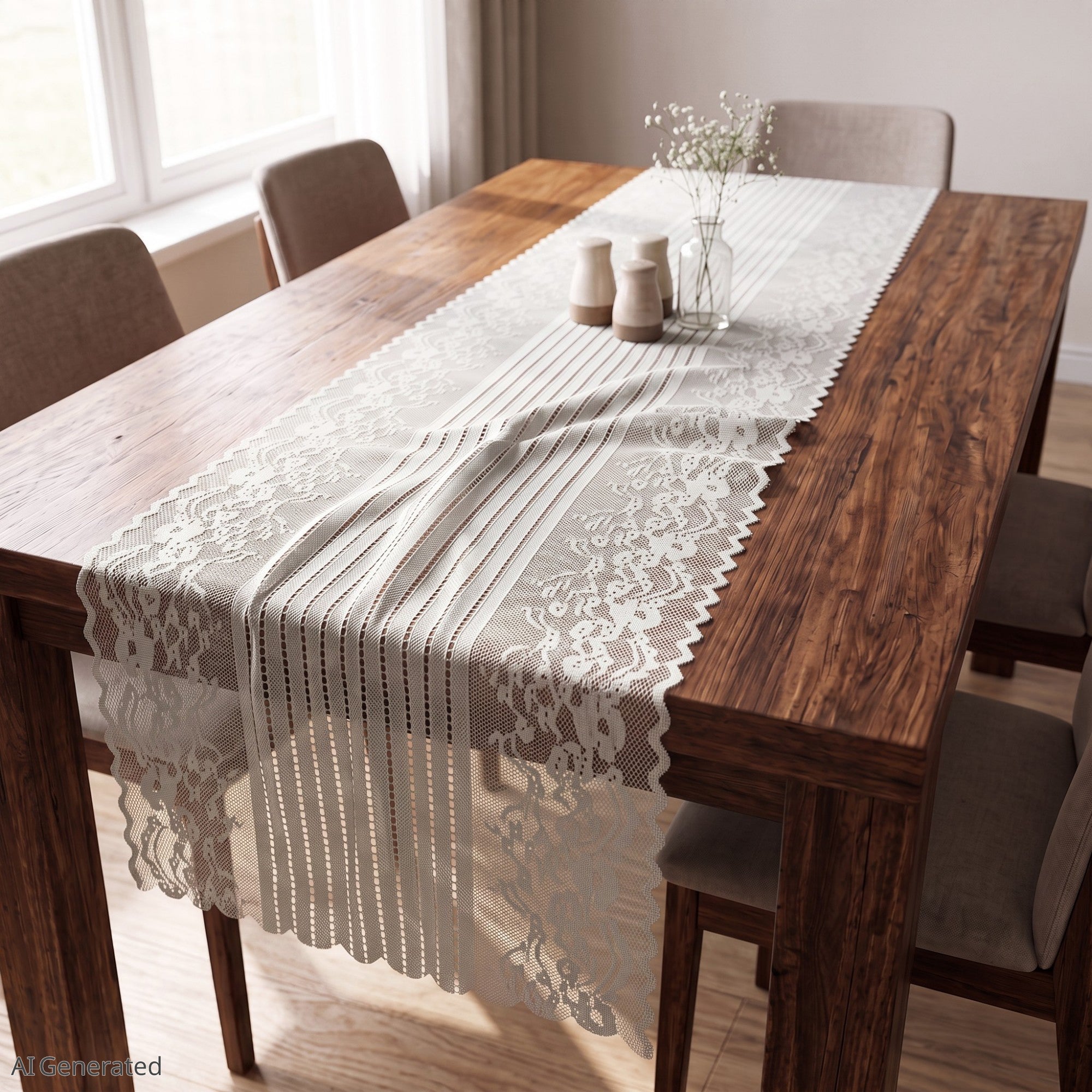 Anna-Kaci Floral Lace Table Runner with Scalloped Edges and Pom Pom Trim 17.7x47in