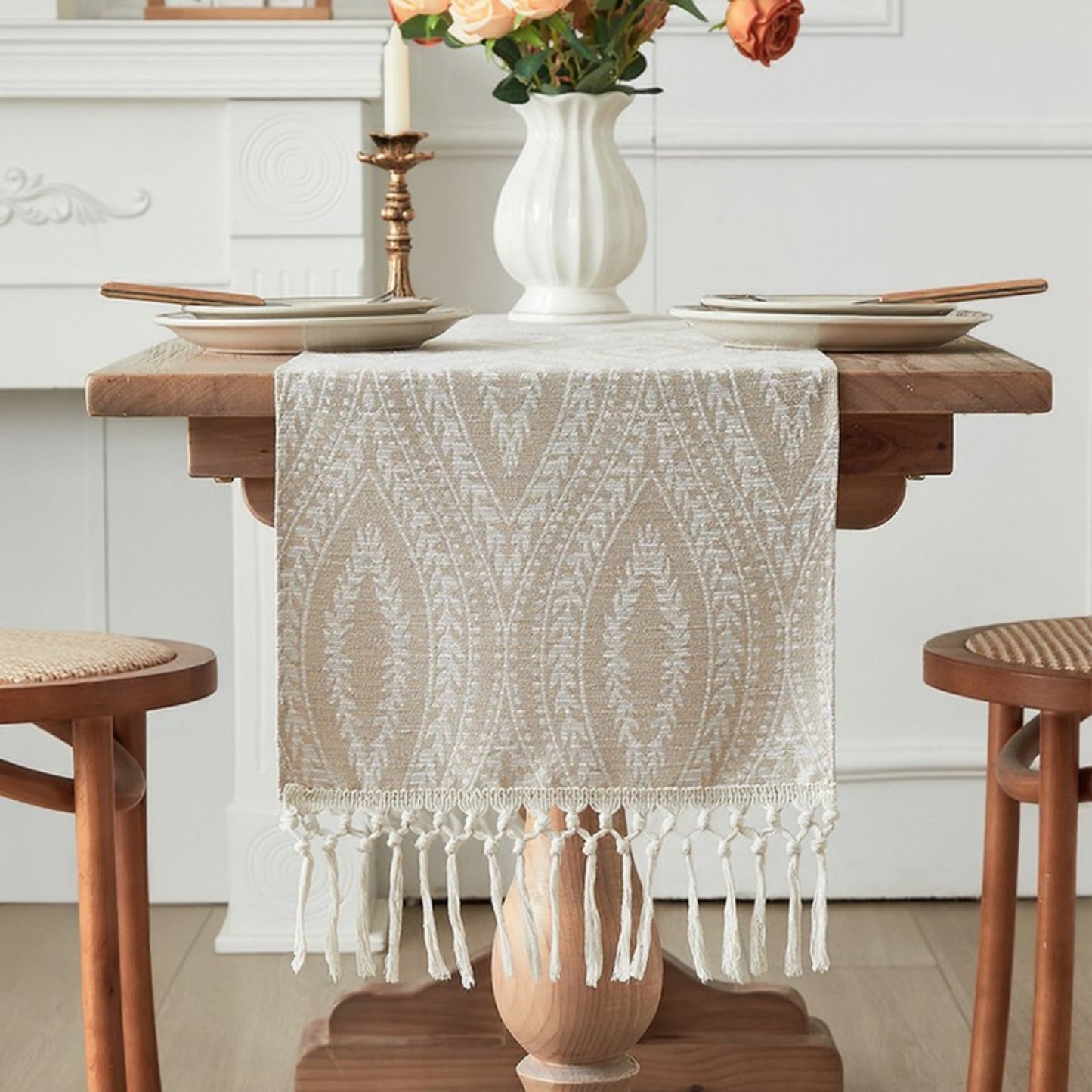 Anna-Kaci Textured Pattern Table Runner with Tassel Fringe and Woven Detailing 13.5x55in