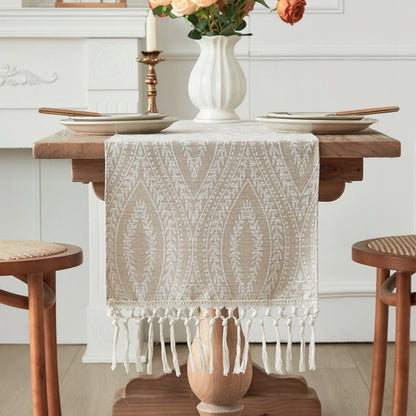 Anna-Kaci Textured Pattern Table Runner with Tassel Fringe and Woven Detailing 13.5x55in