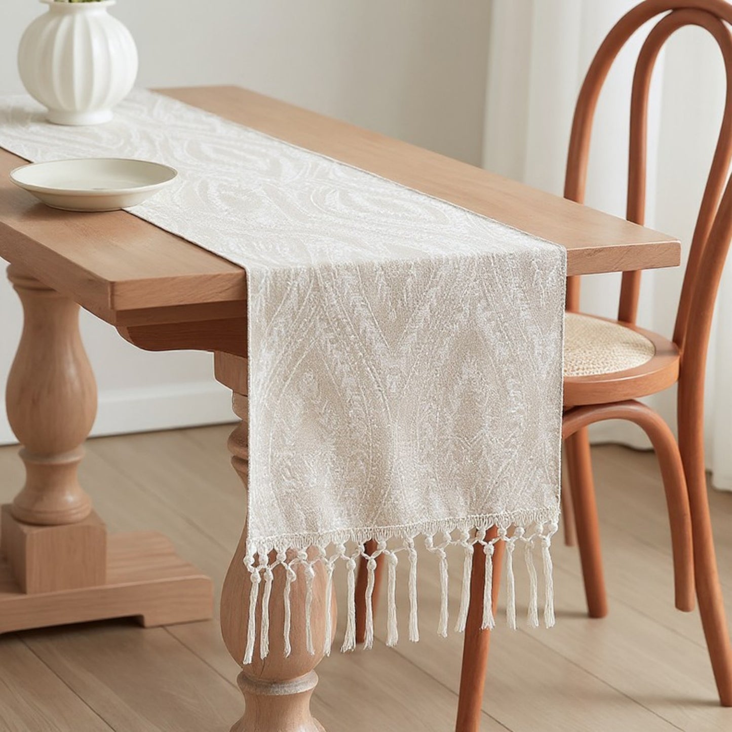 Anna-Kaci Textured Pattern Table Runner with Tassel Fringe and Woven Detailing 13.5x55in