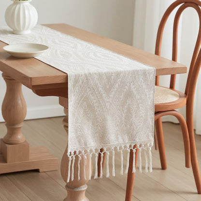 Anna-Kaci Textured Pattern Table Runner with Tassel Fringe and Woven Detailing 13.5x55in