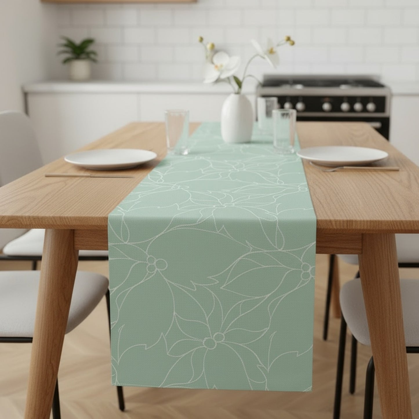 Anna-Kaci Floral Line Art Table Runner with Soft Woven Finish