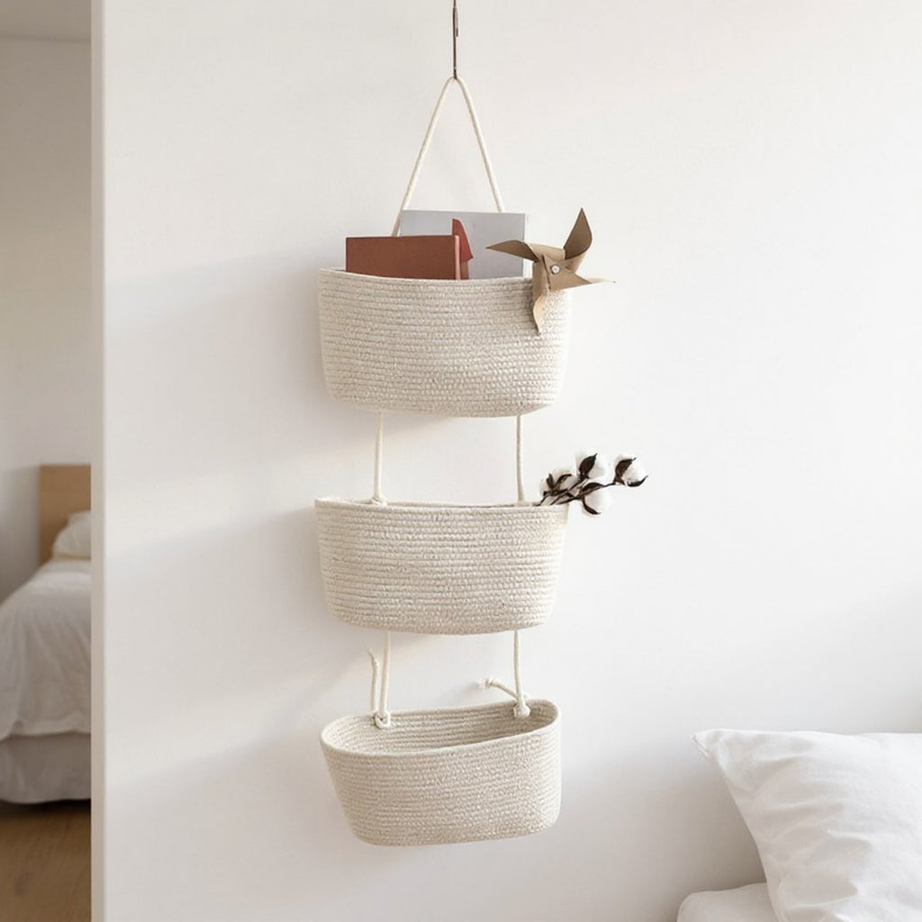 Anna-Kaci 3-Tier Hanging Rope Basket Organizer with Braided Design and Loop Handle 17.5in (5.5x2.8in)
