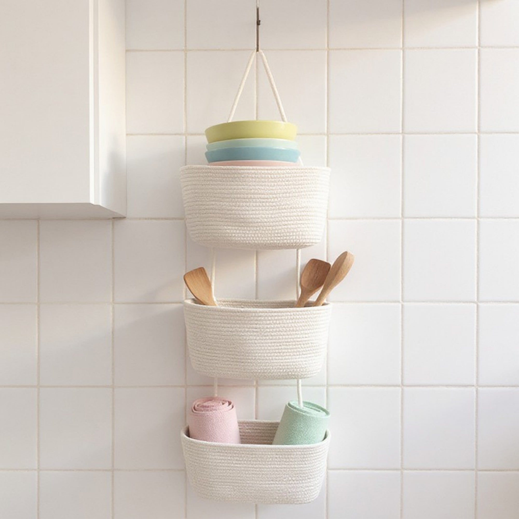 Anna-Kaci 3-Tier Hanging Rope Basket Organizer with Braided Design and Loop Handle 17.5in (5.5x2.8in)
