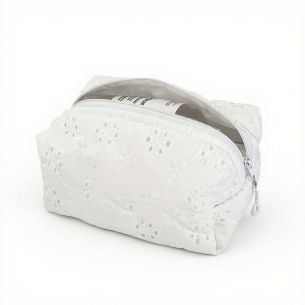 Anna-Kaci Embroidered Floral Quilted Cosmetic Bag with Zipper Closure 6x4x2in