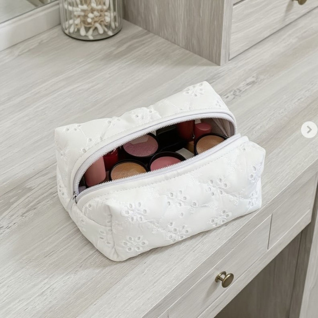 Anna-Kaci Embroidered Floral Quilted Cosmetic Bag with Zipper Closure 6x4x2in