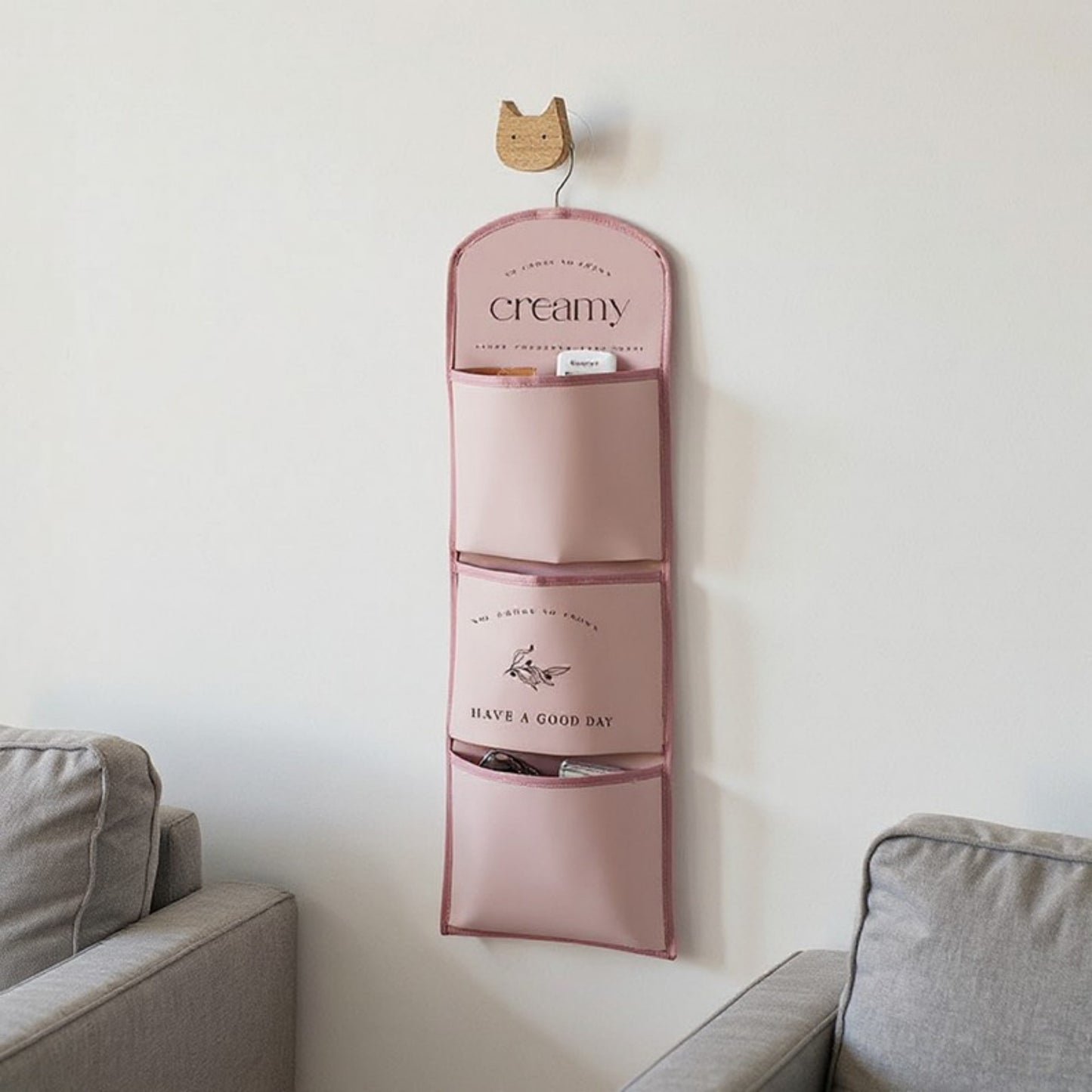 Anna-Kaci 3-Pocket Hanging Wall Organizer with Printed Design and Metal Hook