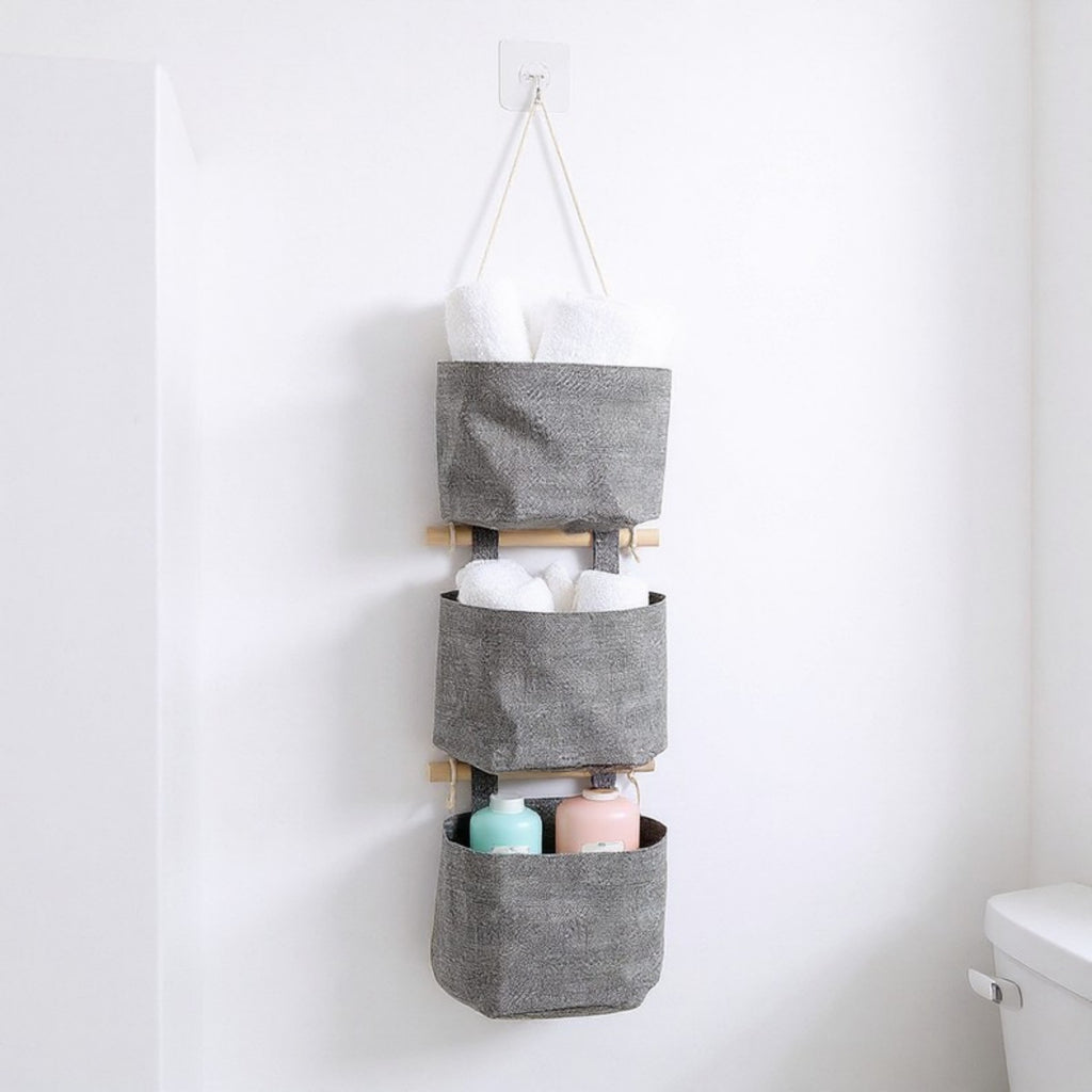 Anna-Kaci 3-Piece Hanging Wall Organizer Set with Wooden Rods and Fabric Pockets 5.5x7x3.5in