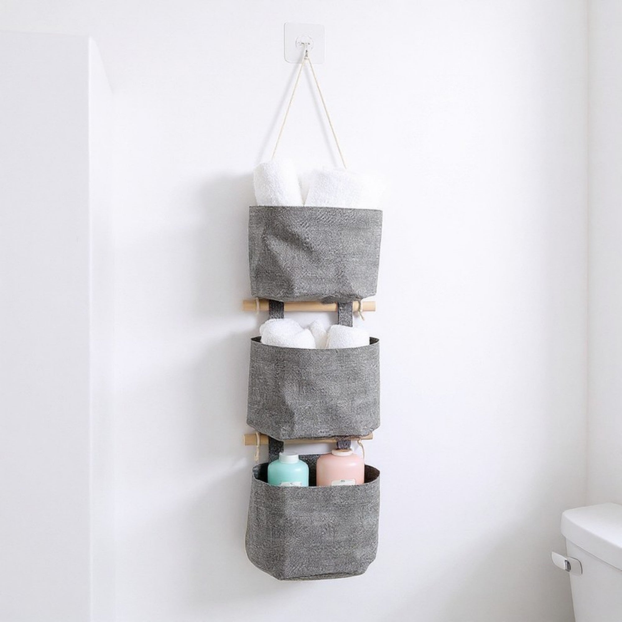 Anna-Kaci 3-Piece Hanging Wall Organizer Set with Wooden Rods and Fabric Pockets 5.5x7x3.5in