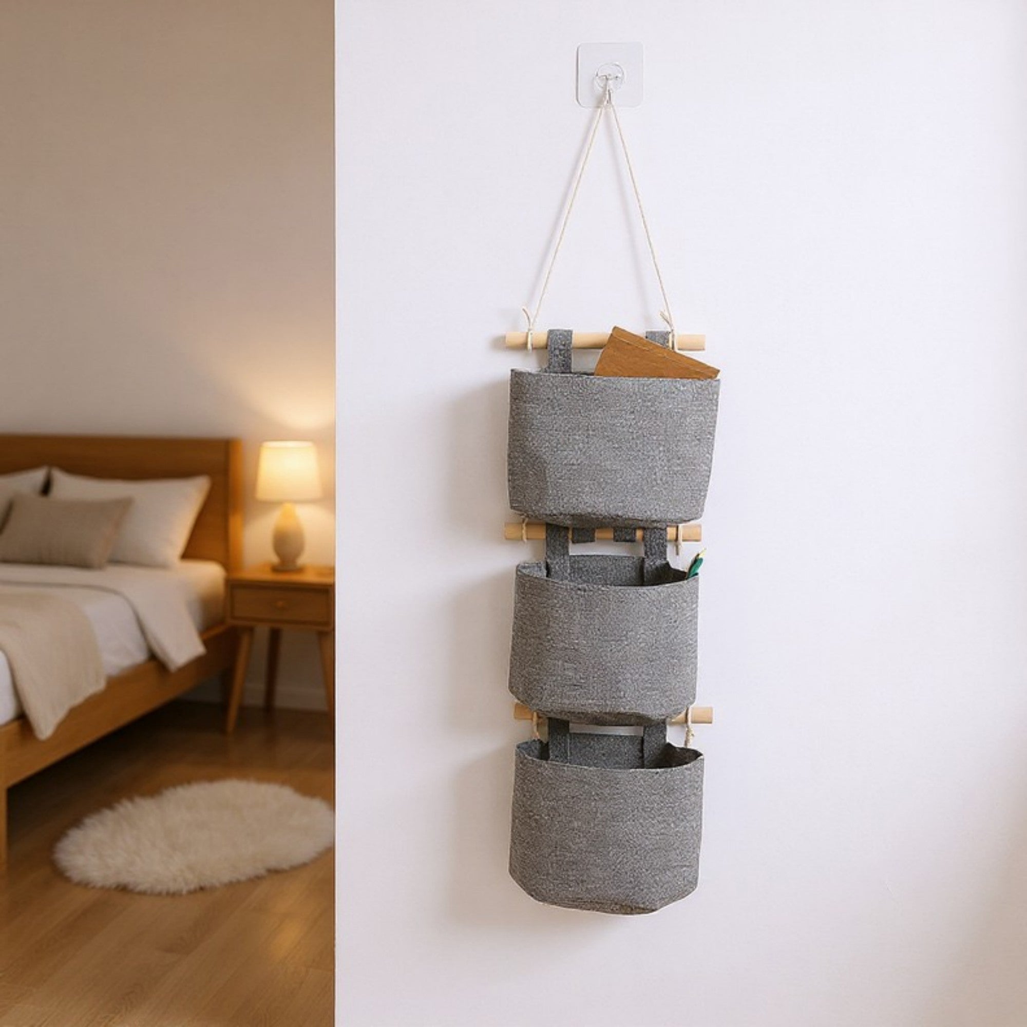 Anna-Kaci 3-Piece Hanging Wall Organizer Set with Wooden Rods and Fabric Pockets 5.5x7x3.5in