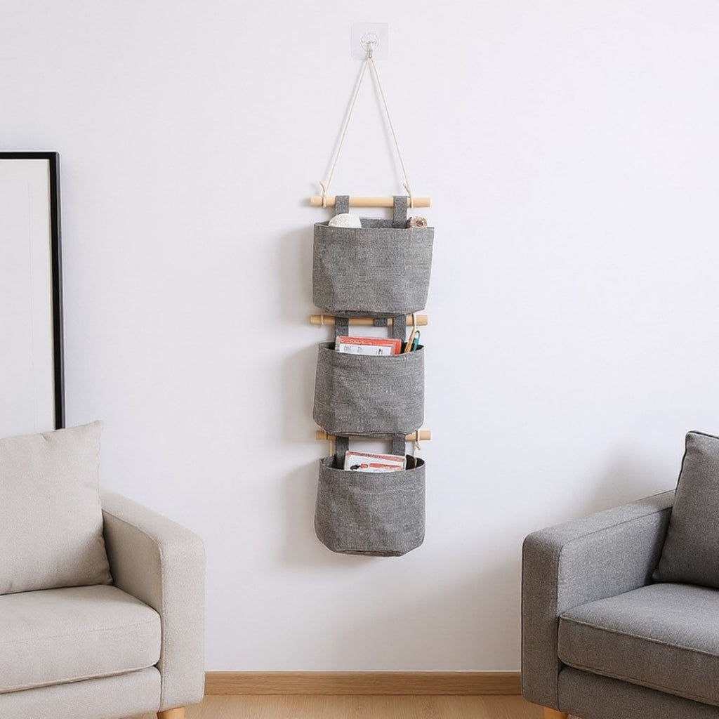 Anna-Kaci 3-Piece Hanging Wall Organizer Set with Wooden Rods and Fabric Pockets 5.5x7x3.5in
