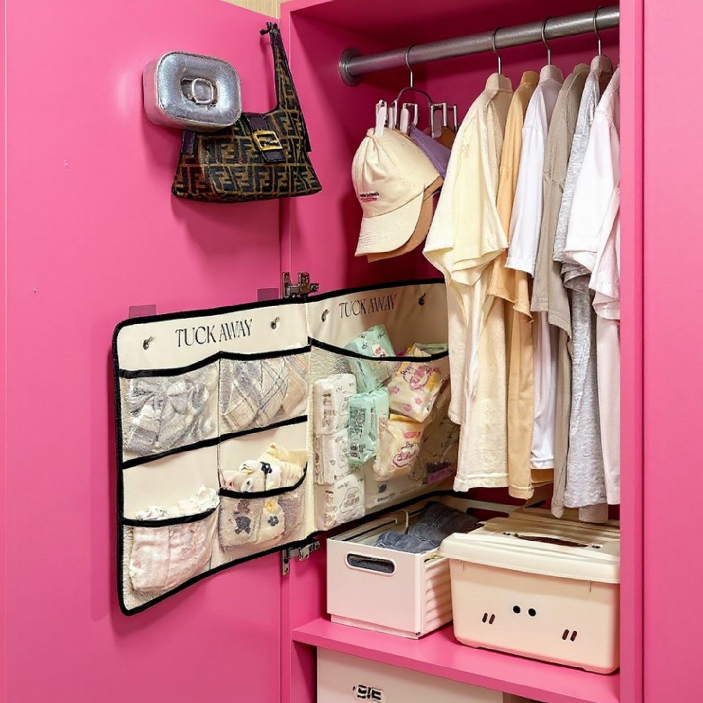 Anna-Kaci Foldable Hanging Organizer with Labeled Compartments and Contrast Trim 39.5x17.5in