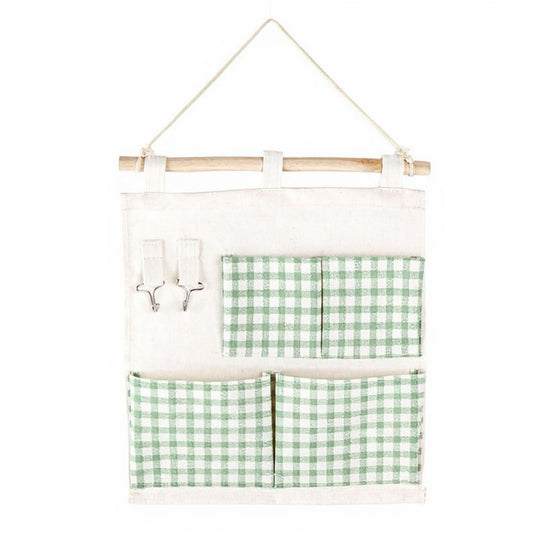 Anna-Kaci Hanging Wall Organizer with Green Gingham Pockets and Wooden Rod 12x14in