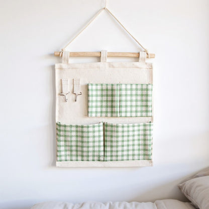 Anna-Kaci Hanging Wall Organizer with Green Gingham Pockets and Wooden Rod 12x14in