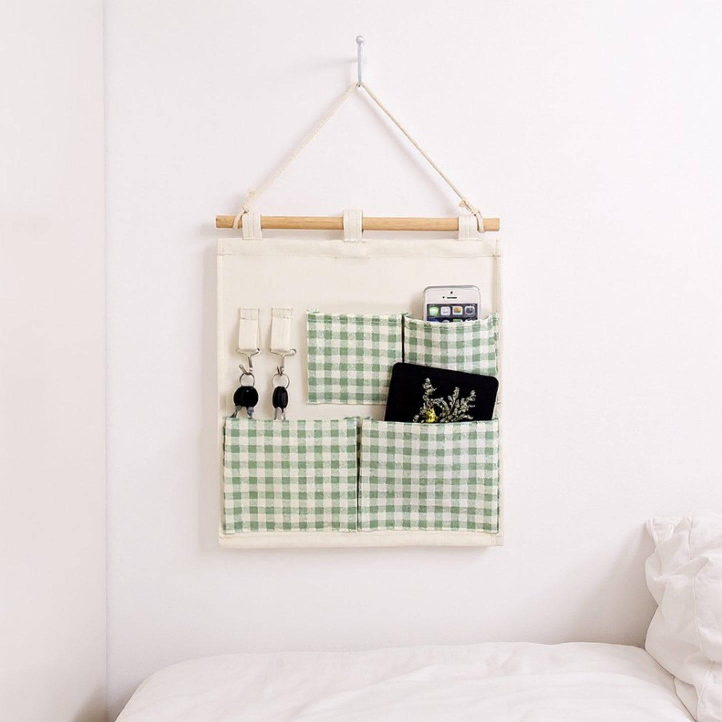 Anna-Kaci Hanging Wall Organizer with Green Gingham Pockets and Wooden Rod 12x14in