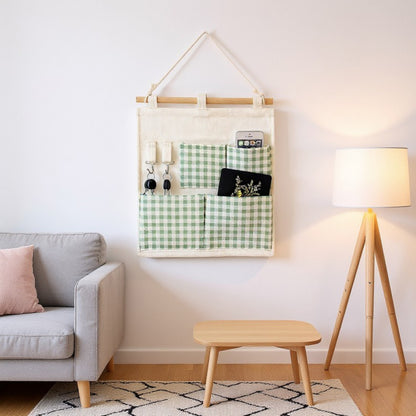 Anna-Kaci Hanging Wall Organizer with Green Gingham Pockets and Wooden Rod 12x14in