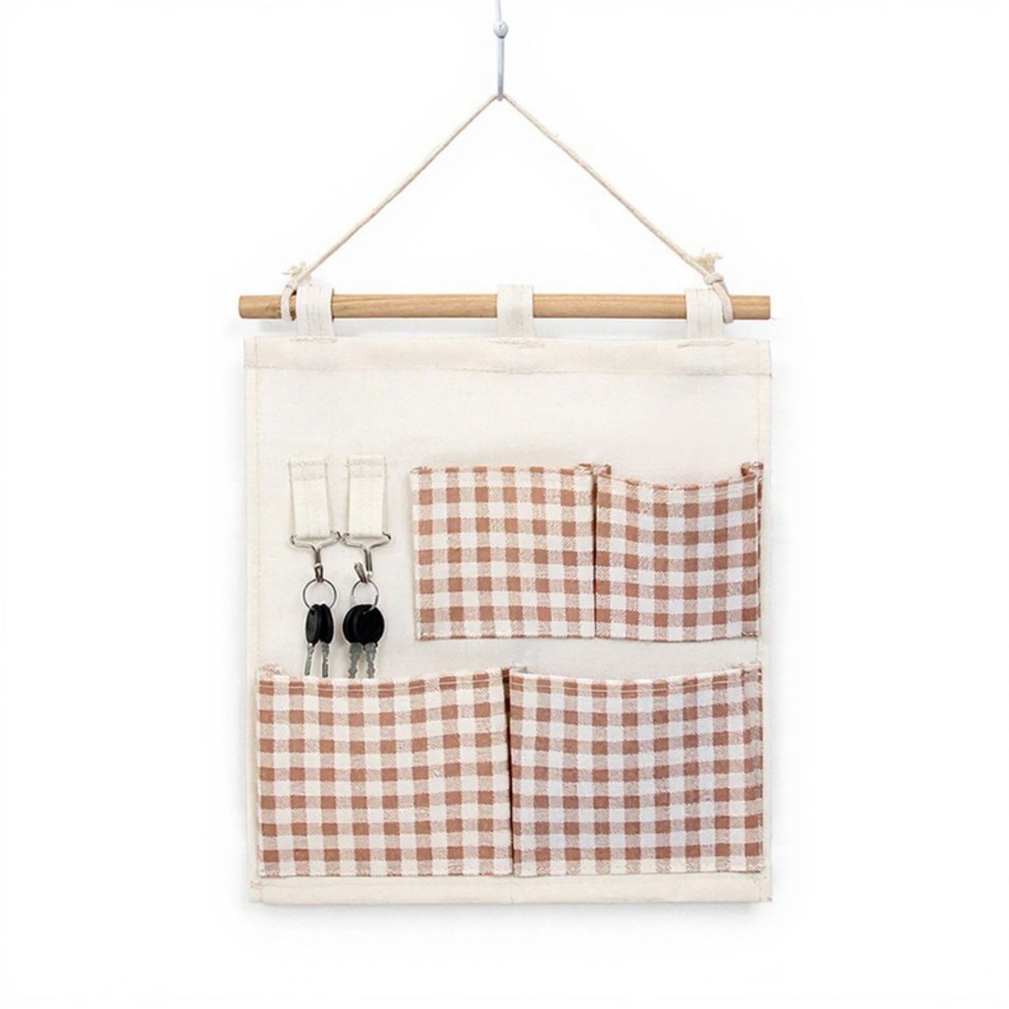 Anna-Kaci Hanging Wall Organizer with Green Gingham Pockets and Wooden Rod 12x14in