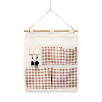 Anna-Kaci Hanging Wall Organizer with Green Gingham Pockets and Wooden Rod 12x14in