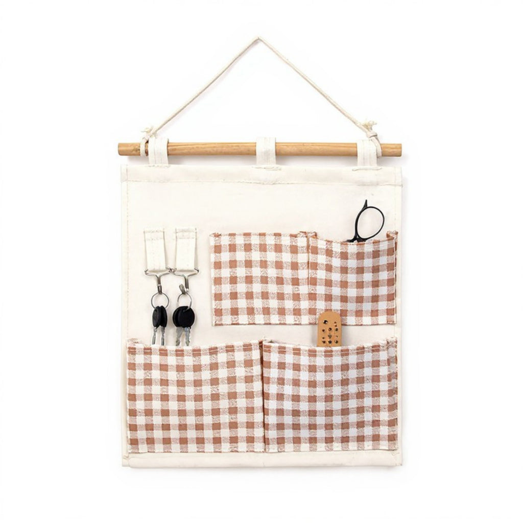 Anna-Kaci Hanging Wall Organizer with Green Gingham Pockets and Wooden Rod 12x14in