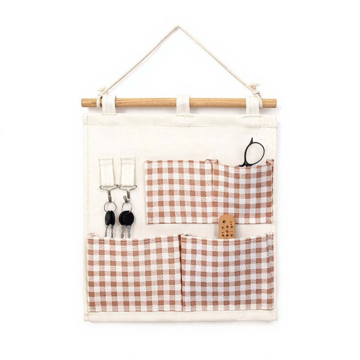 Anna-Kaci Hanging Wall Organizer with Green Gingham Pockets and Wooden Rod 12x14in