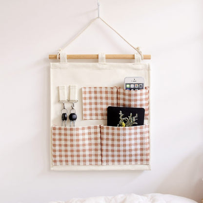 Anna-Kaci Hanging Wall Organizer with Green Gingham Pockets and Wooden Rod 12x14in