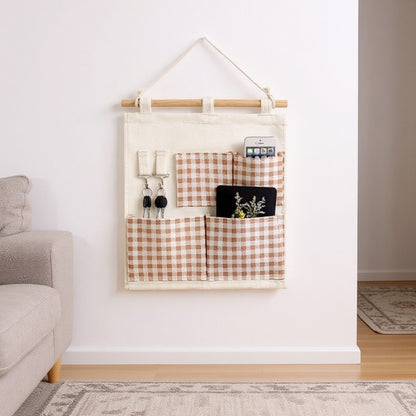 Anna-Kaci Hanging Wall Organizer with Green Gingham Pockets and Wooden Rod 12x14in