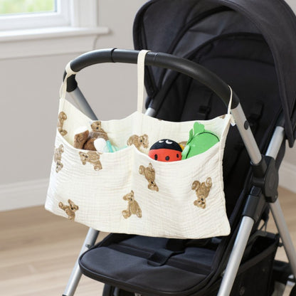 Anna-Kaci Stroller Organizer Bag with Teddy Bear Embroidery and Multi-Pocket Design 7x15in