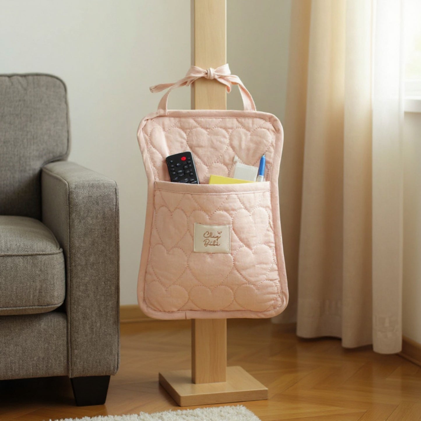 Anna-Kaci Quilted Heart Pattern Hanging Storage Pouch with Bow Tie Straps