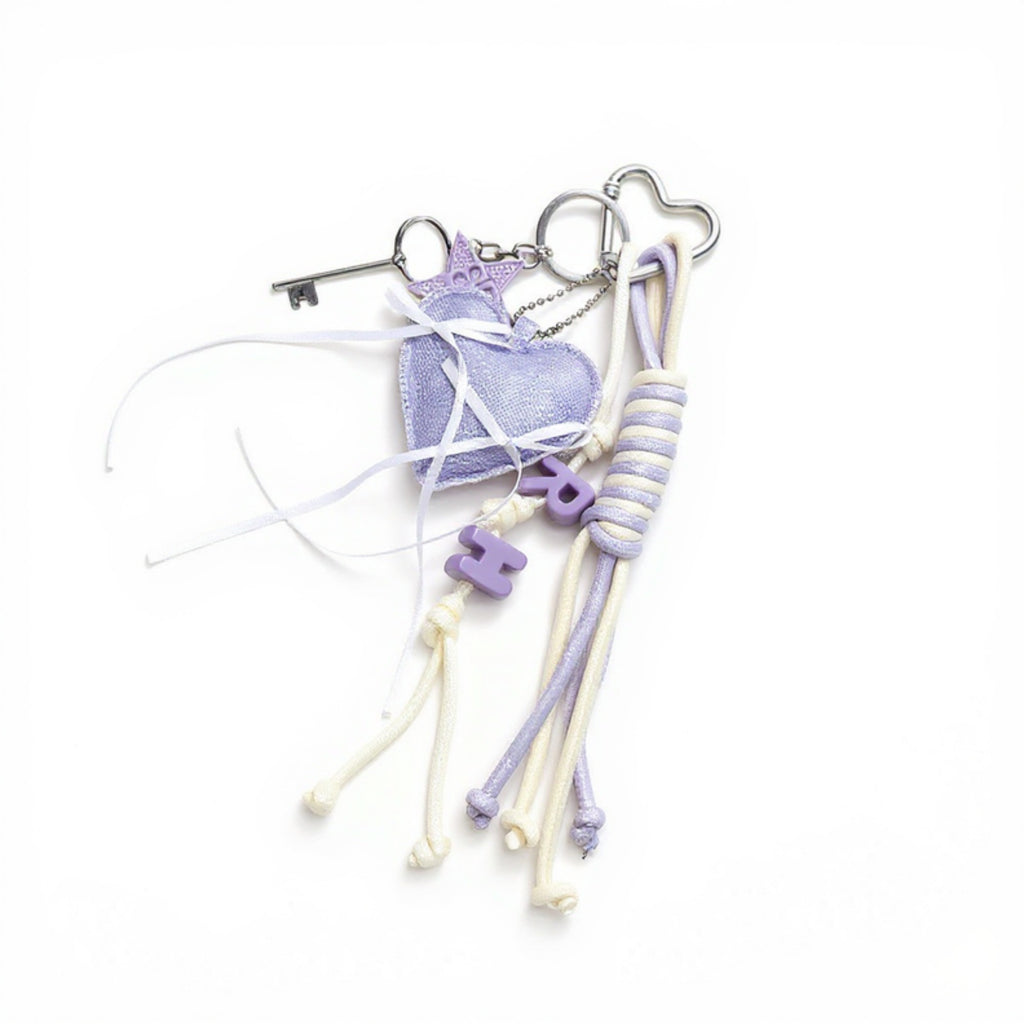Anna-Kaci Heart Charm Keychain with Ribbon Tassels and Alphabet Beads