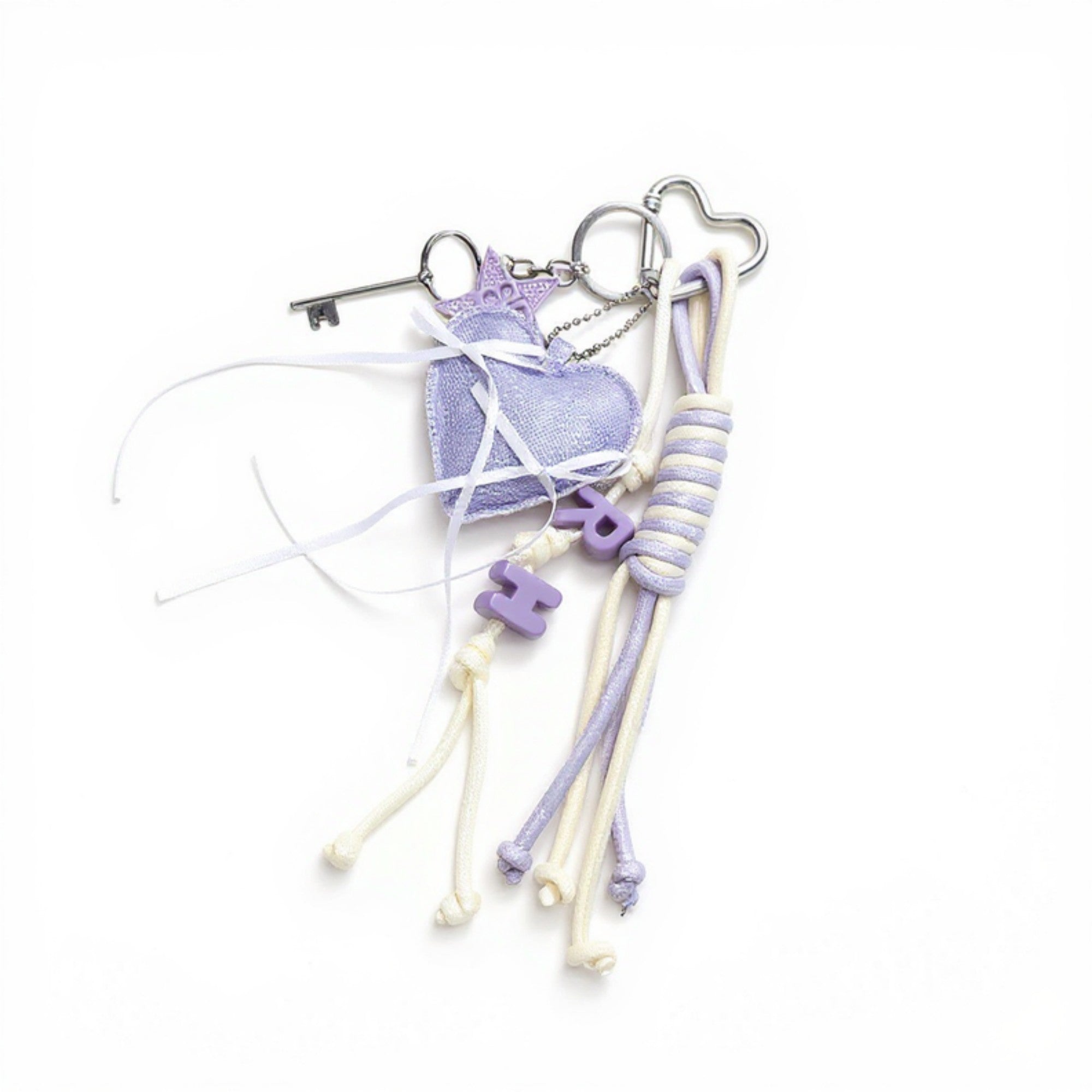 Anna-Kaci Heart Charm Keychain with Ribbon Tassels and Alphabet Beads