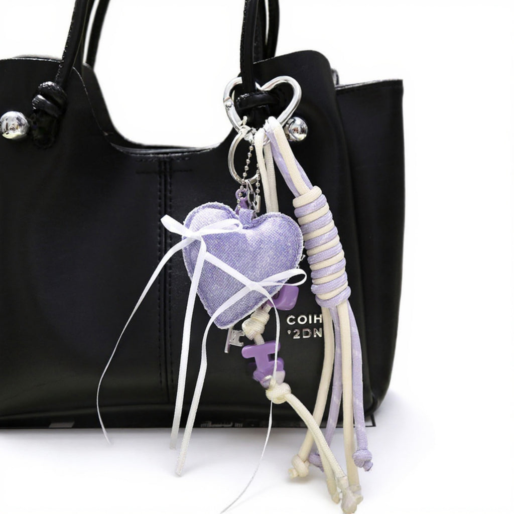 Anna-Kaci Heart Charm Keychain with Ribbon Tassels and Alphabet Beads