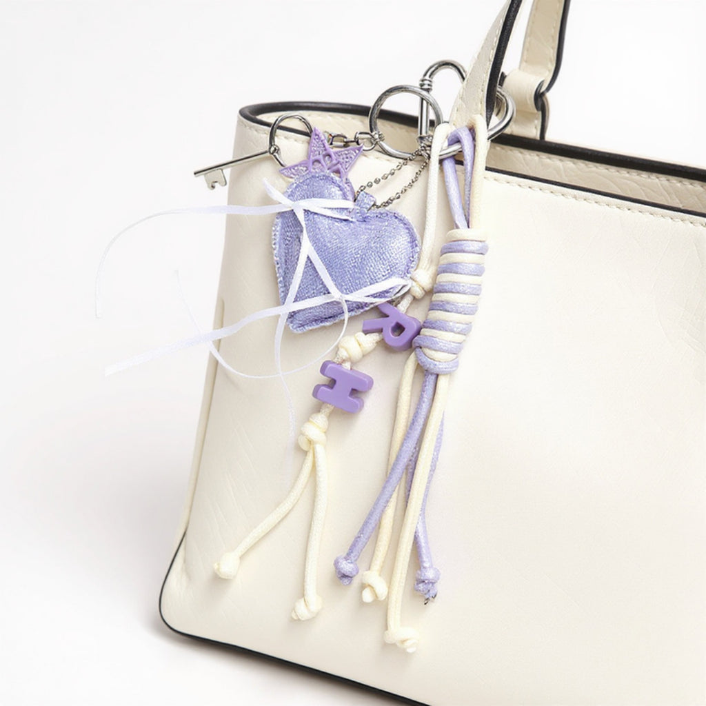 Anna-Kaci Heart Charm Keychain with Ribbon Tassels and Alphabet Beads