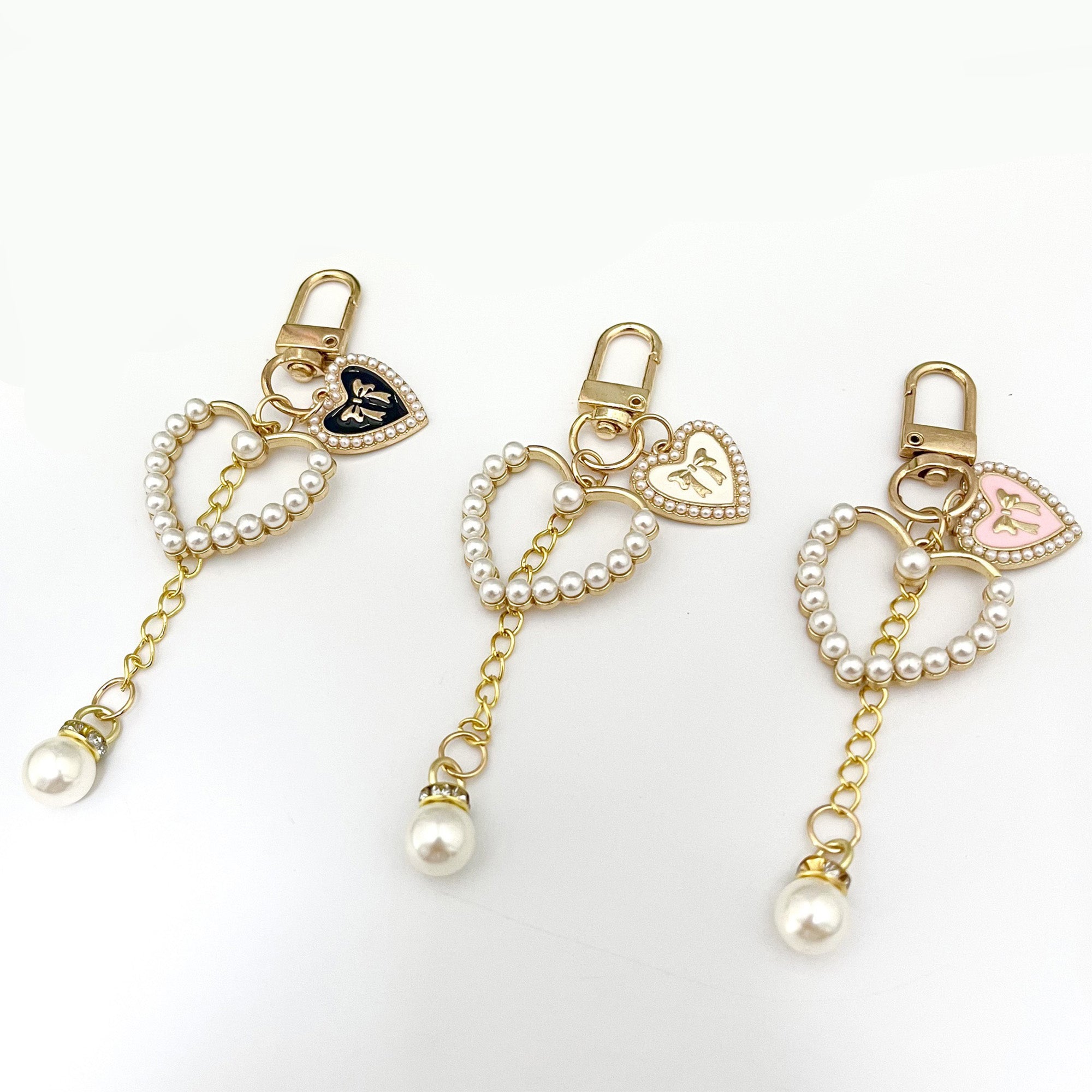 Anna-Kaci 3-Piece Pearl Heart Charm Keychain with Gold Chain and Enamel Accent