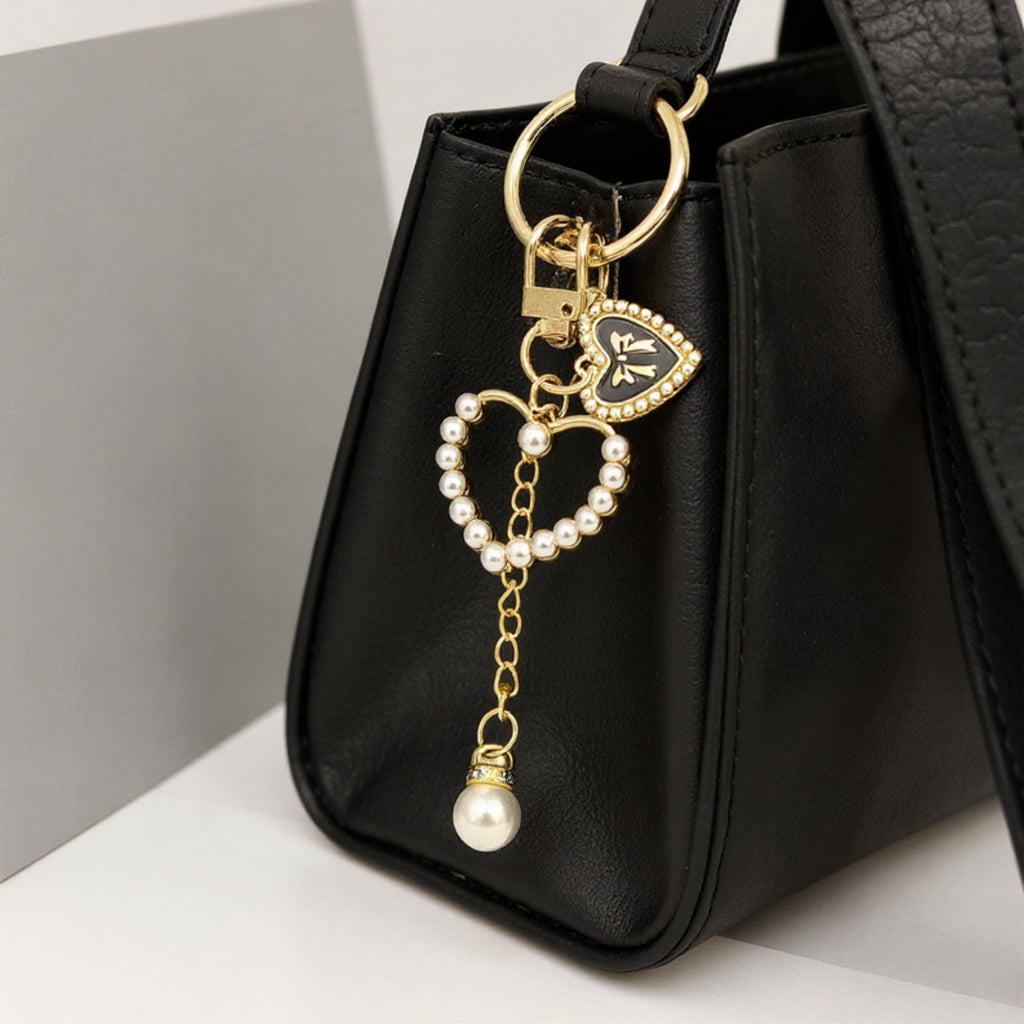 Anna-Kaci 3-Piece Pearl Heart Charm Keychain with Gold Chain and Enamel Accent