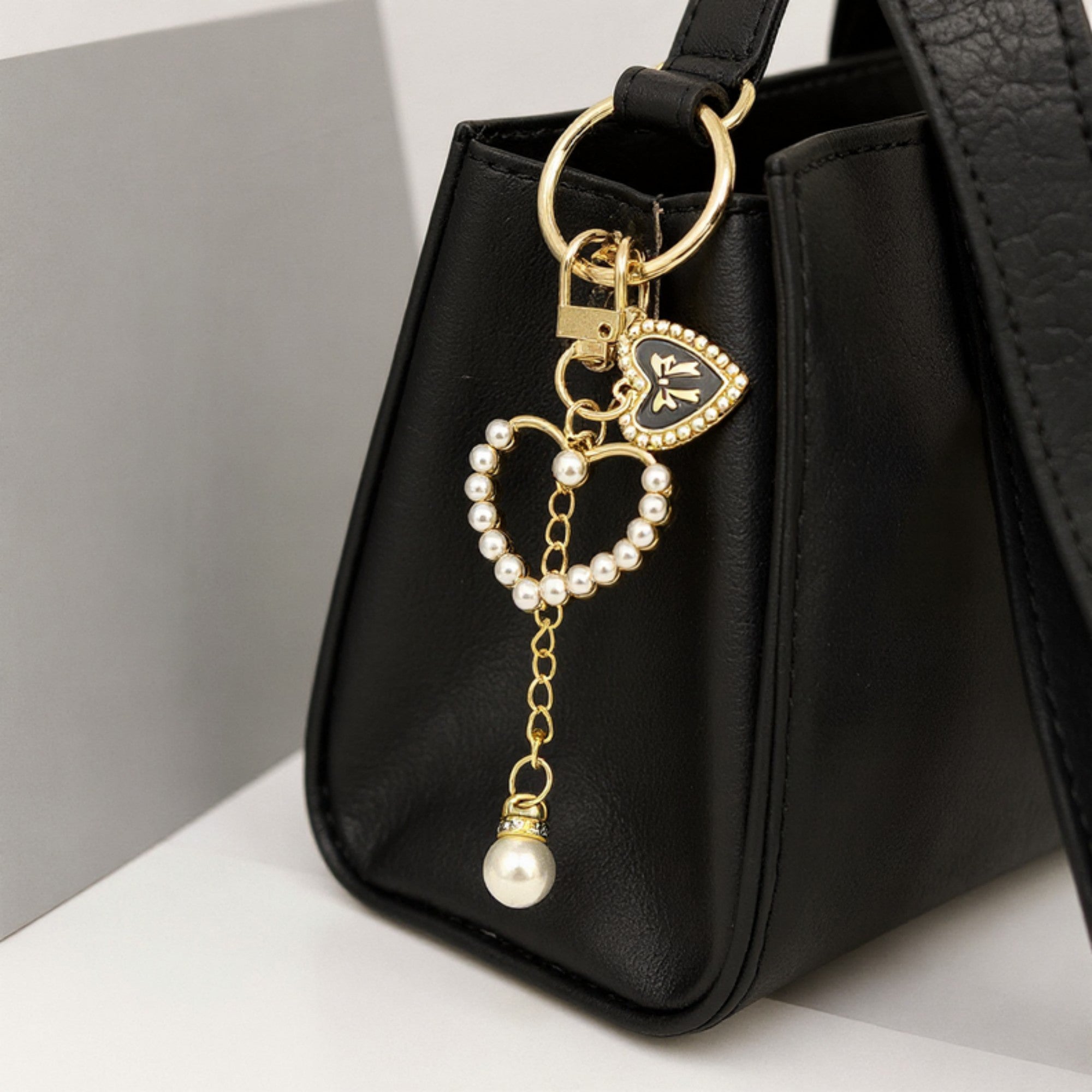 Anna-Kaci 3-Piece Pearl Heart Charm Keychain with Gold Chain and Enamel Accent