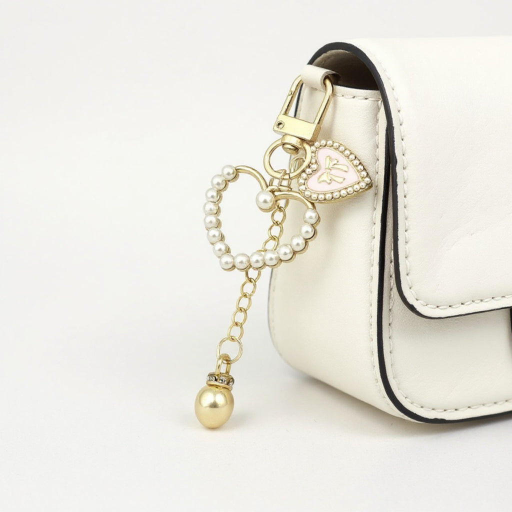 Anna-Kaci 3-Piece Pearl Heart Charm Keychain with Gold Chain and Enamel Accent