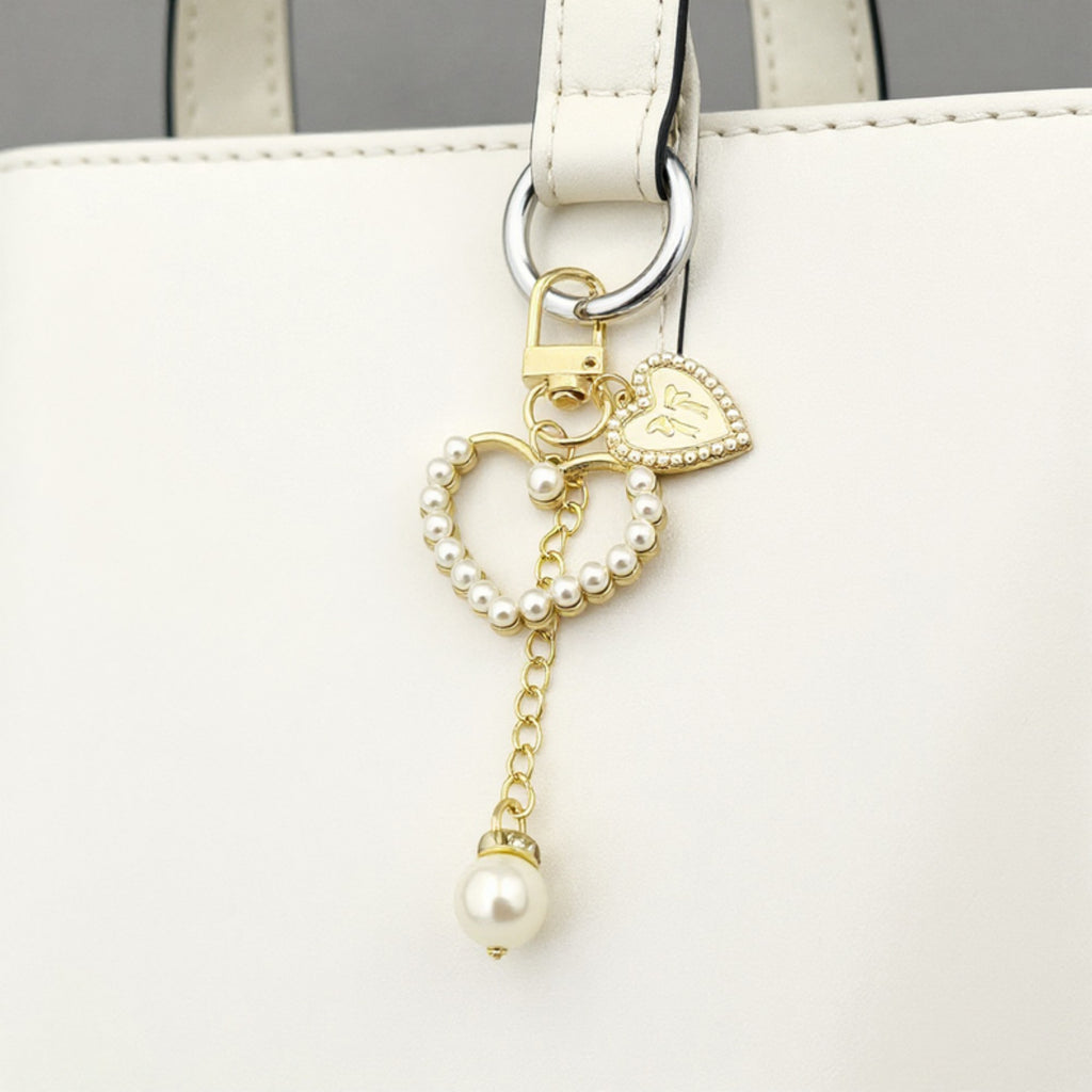 Anna-Kaci 3-Piece Pearl Heart Charm Keychain with Gold Chain and Enamel Accent