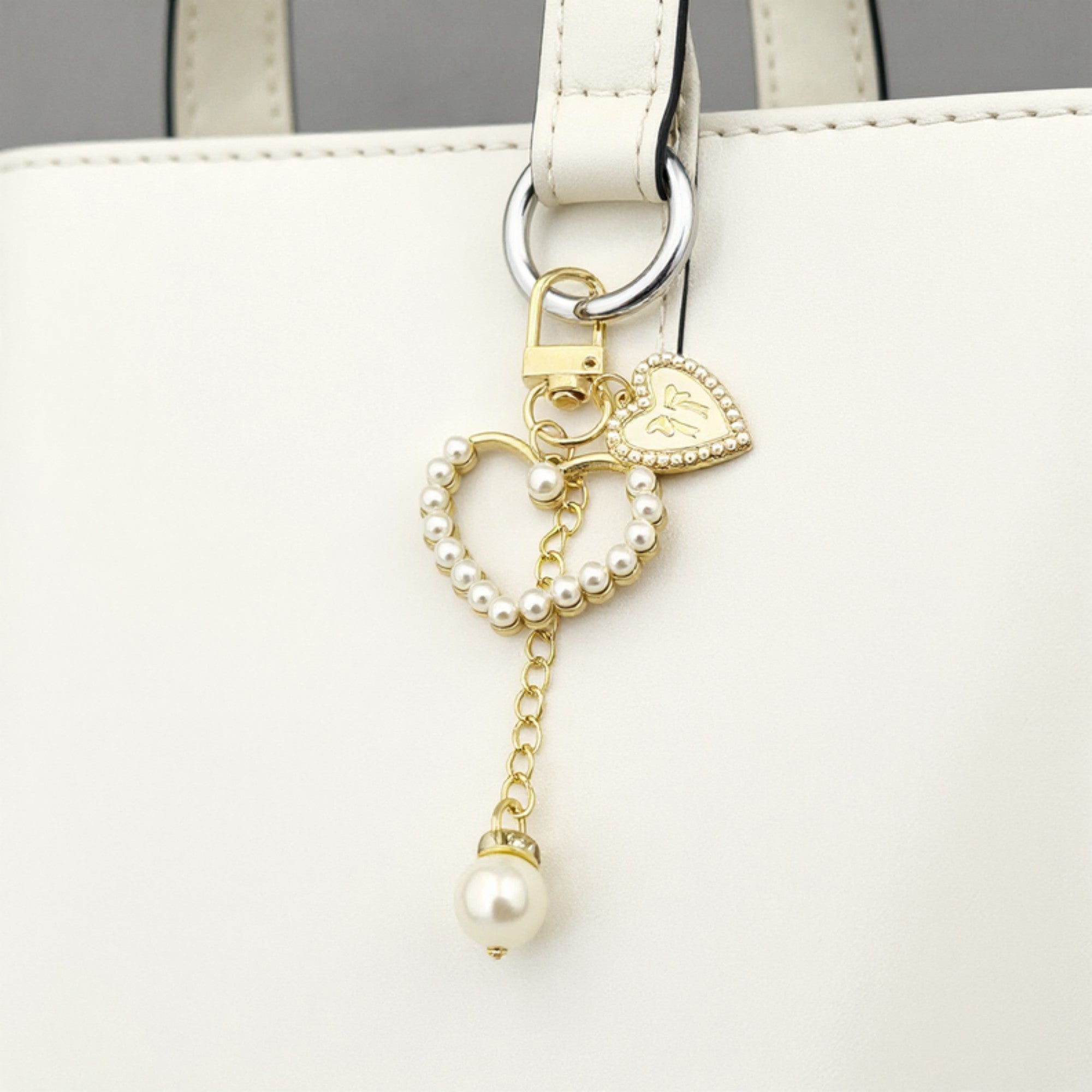 Anna-Kaci 3-Piece Pearl Heart Charm Keychain with Gold Chain and Enamel Accent