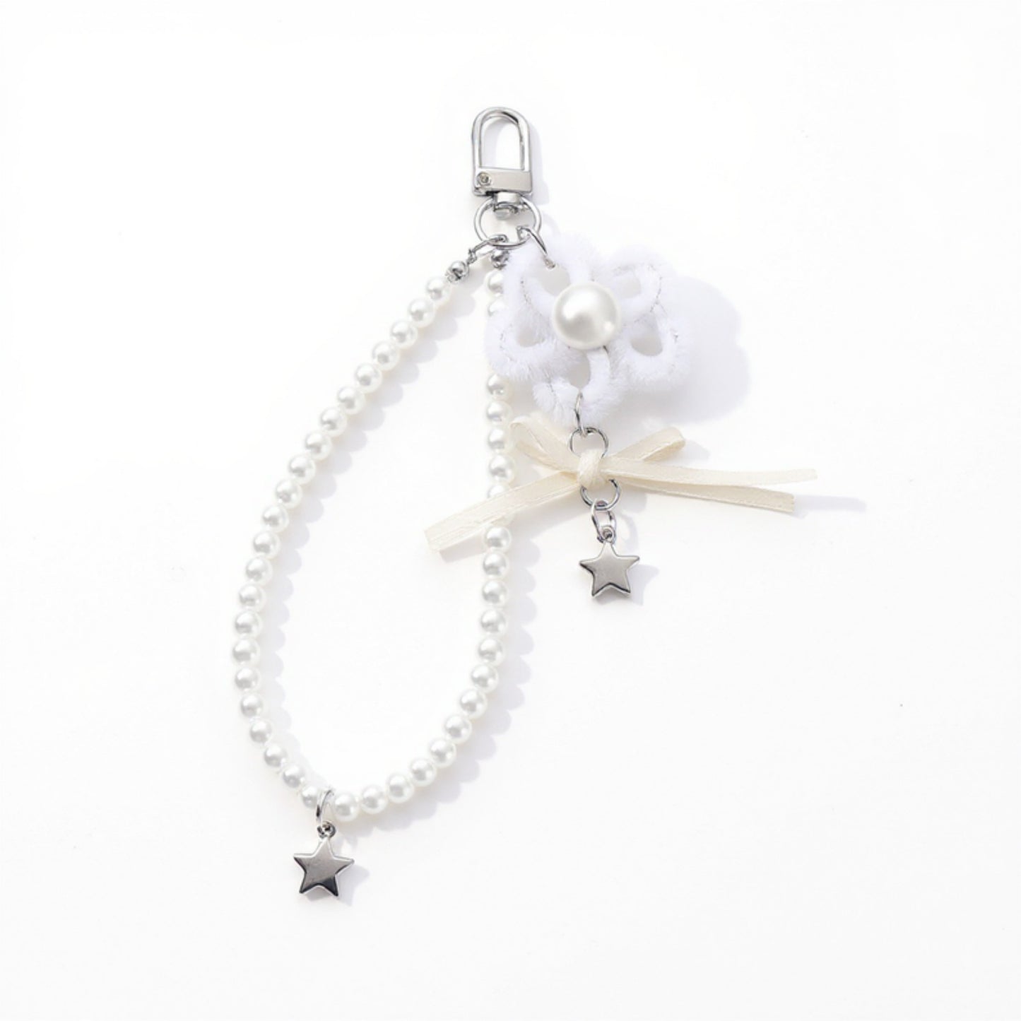 Anna-Kaci Pearl Beaded Keychain with Ribbon Bow and Star Charms