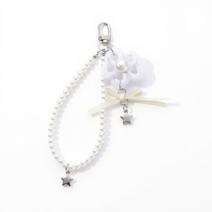 Anna-Kaci Pearl Beaded Keychain with Ribbon Bow and Star Charms
