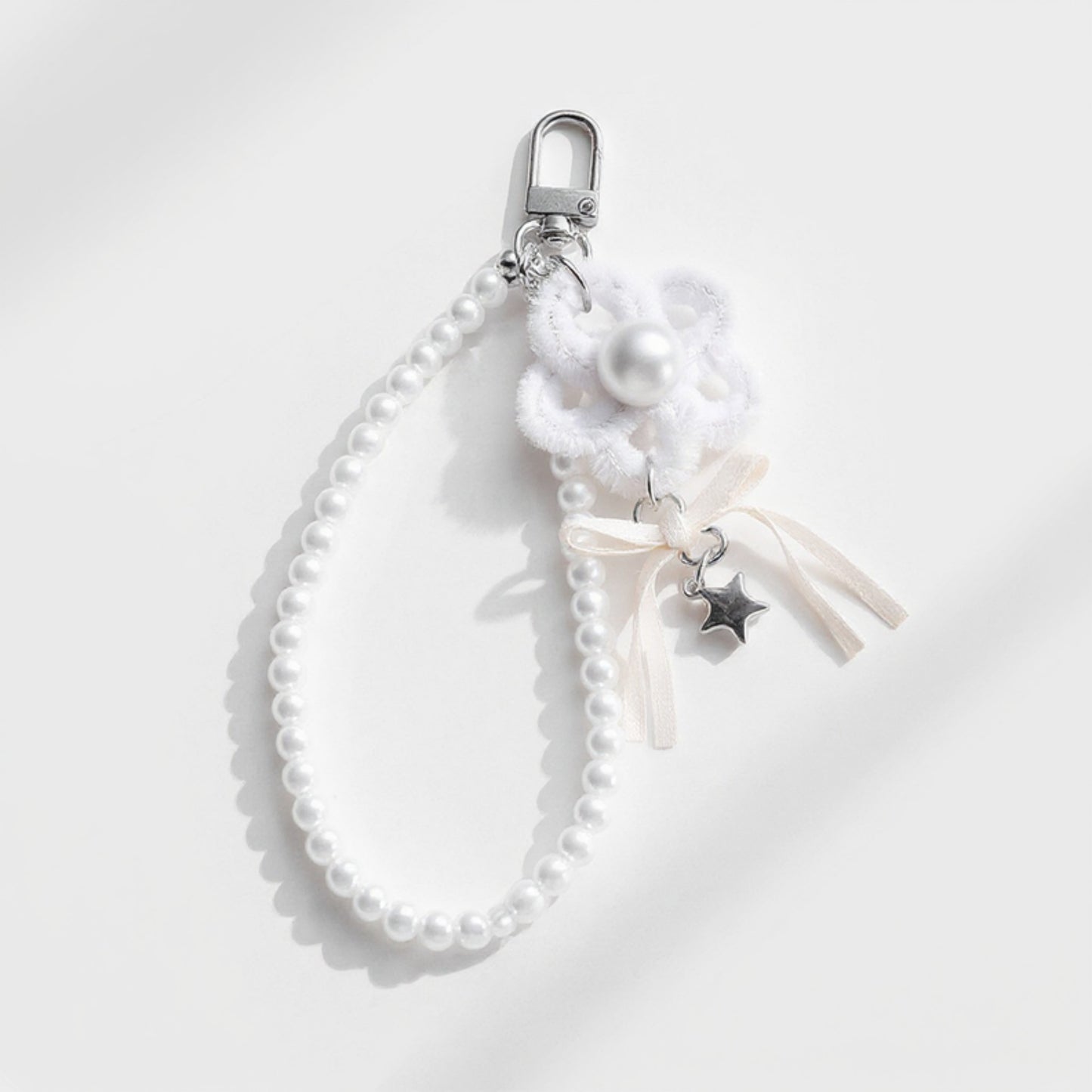 Anna-Kaci Pearl Beaded Keychain with Ribbon Bow and Star Charms