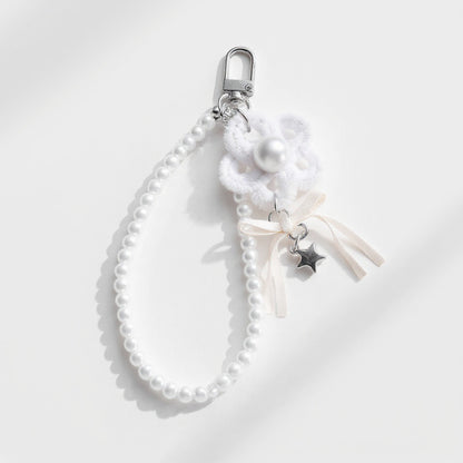 Anna-Kaci Pearl Beaded Keychain with Ribbon Bow and Star Charms