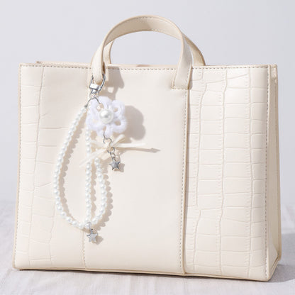 Anna-Kaci Pearl Beaded Keychain with Ribbon Bow and Star Charms