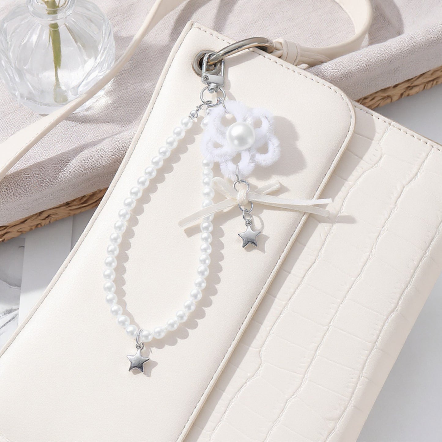 Anna-Kaci Pearl Beaded Keychain with Ribbon Bow and Star Charms