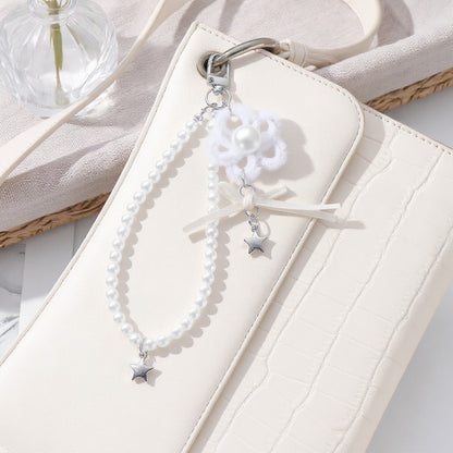 Anna-Kaci Pearl Beaded Keychain with Ribbon Bow and Star Charms