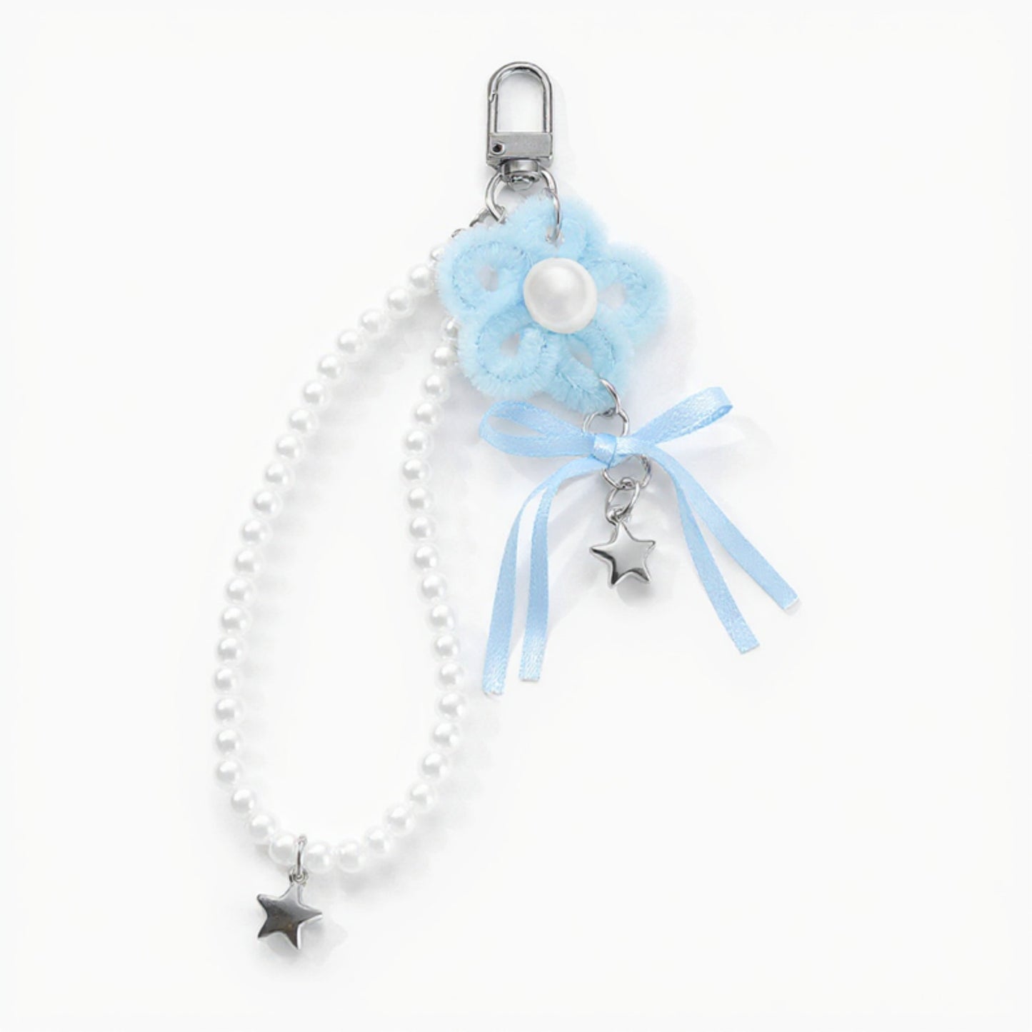 Anna-Kaci Pearl Beaded Keychain with Ribbon Bow and Star Charms