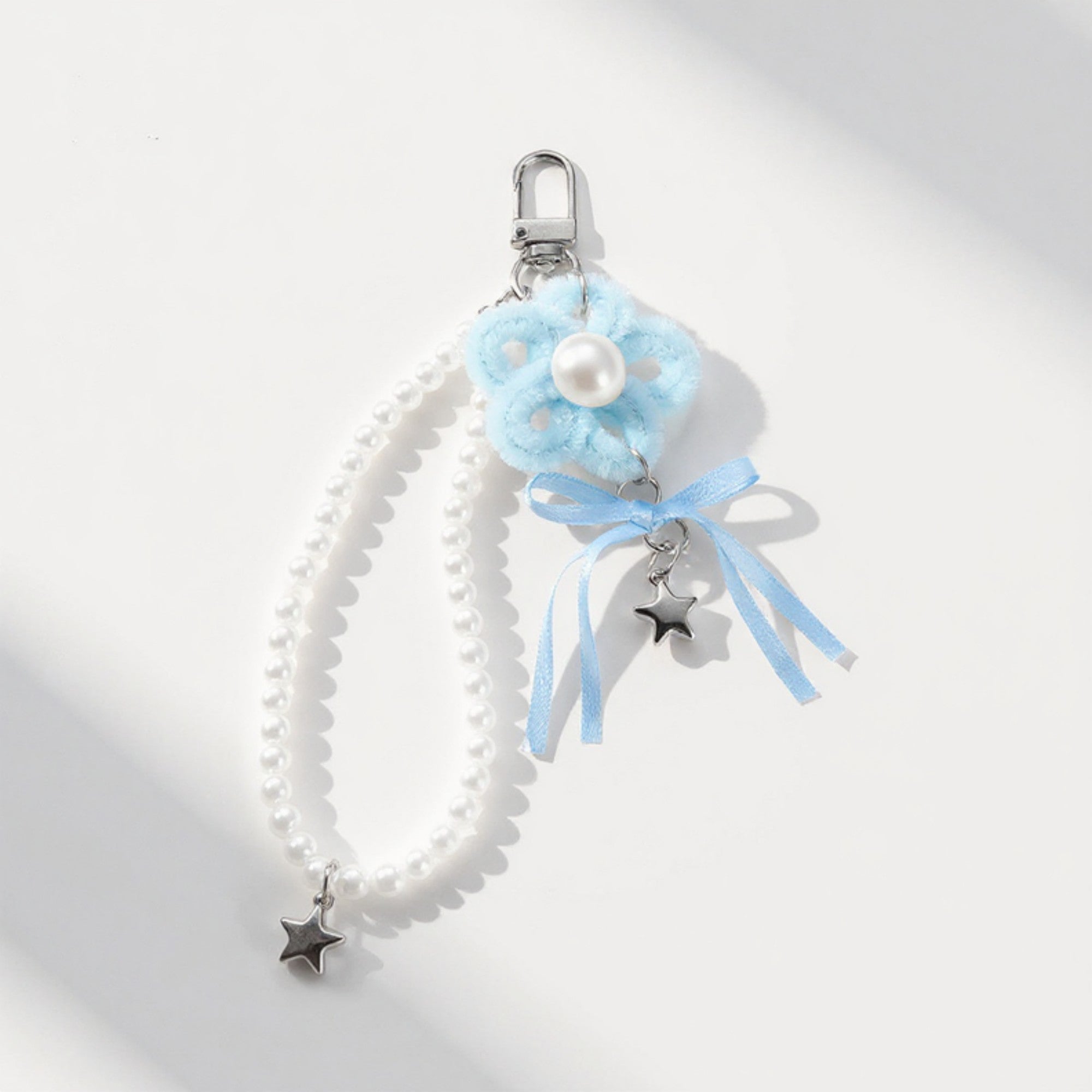 Anna-Kaci Pearl Beaded Keychain with Ribbon Bow and Star Charms