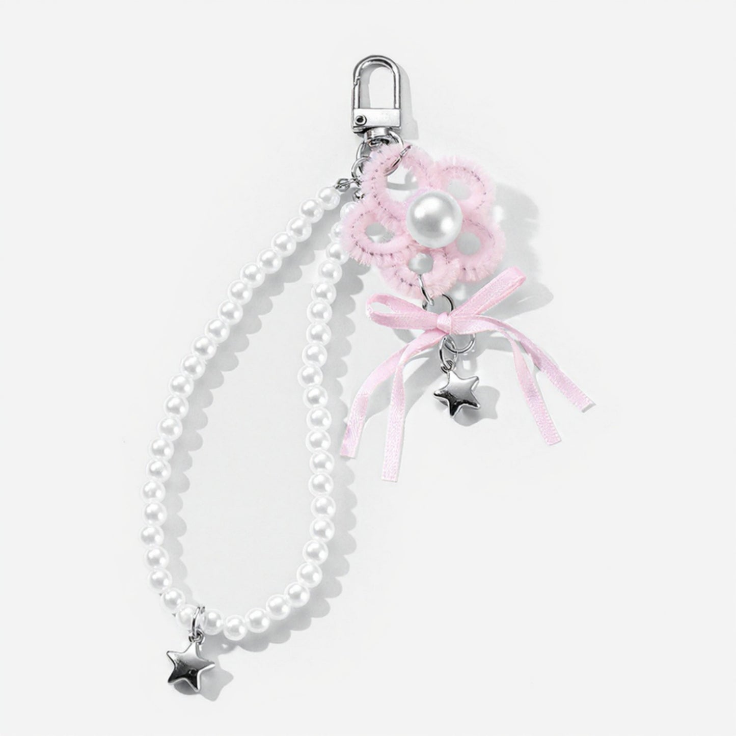 Anna-Kaci Pearl Beaded Keychain with Ribbon Bow and Star Charms